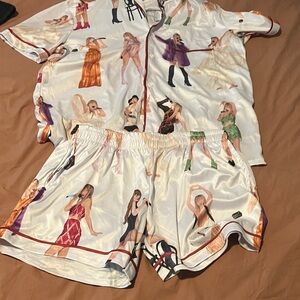 Taylor Swift Satin Pajama Set in White with Multicolor Print
